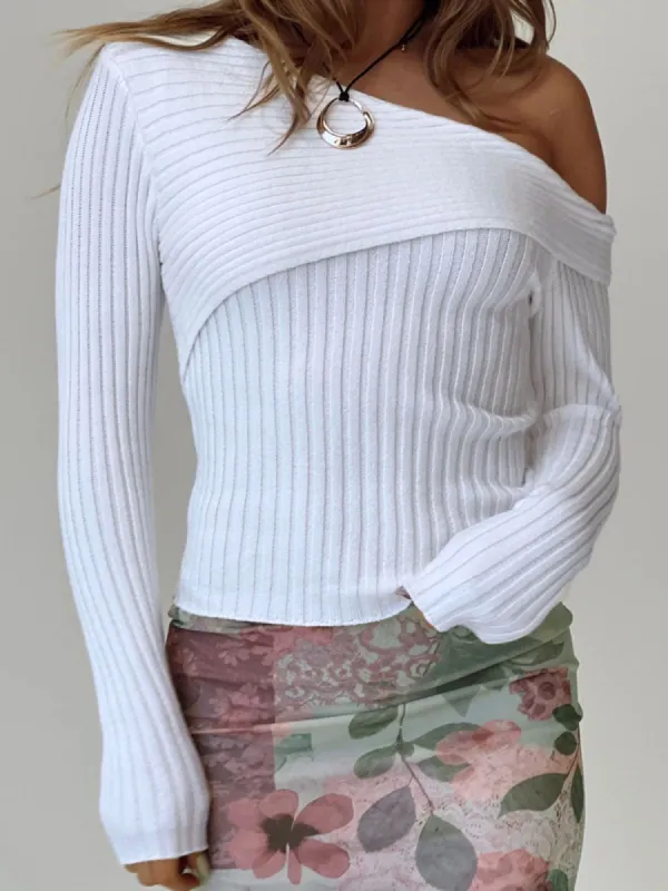 Asymmetric Off Shoulder Rib Long Sleeve Top sold by COMMENSE