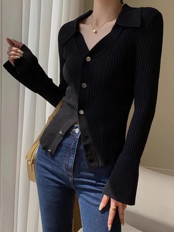 Open Collar Long Sleeve Knit Top sold by COMMENSE