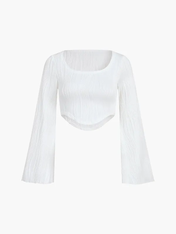 Wavy Textured Long Sleeve Crop Blouse sold by COMMENSE