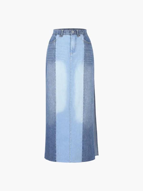 Patchwork Faded Denim Maxi Skirt sold by COMMENSE