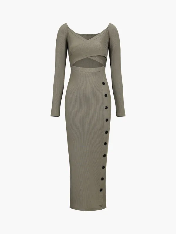Side Buttoned Rib Cutout Long Dress sold by COMMENSE