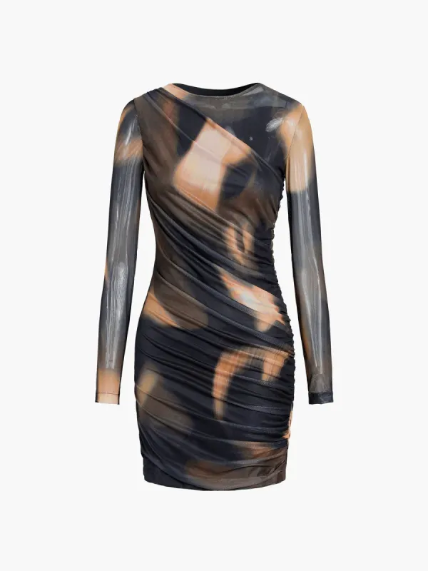 Tulle Print Ruched Mesh Long Sleeve Short Dress sold by COMMENSE