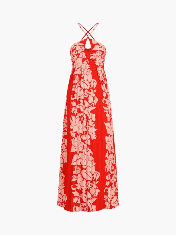 Peony Floral Pleat Zippered Maxi Dress sold by COMMENSE