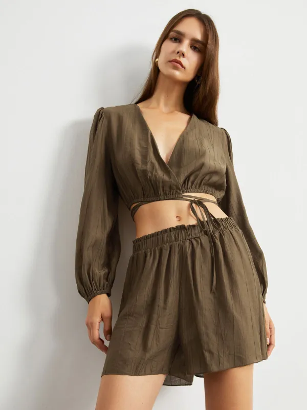 Cocoa Bean Puff Sleeve Tied Two Piece Shorts Set sold by COMMENSE