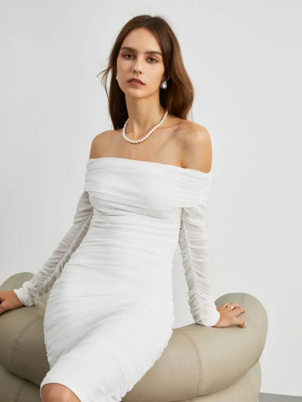 Overfold Off-Shoulder Mesh Zippered Midi Dress sold by COMMENSE