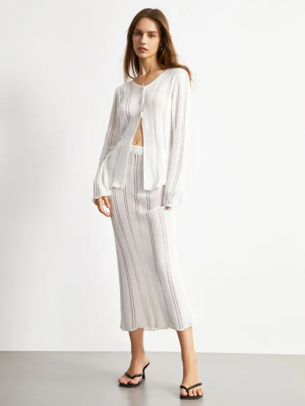 Open Knit Long Sleeve Two Piece Skirt Set sold by COMMENSE