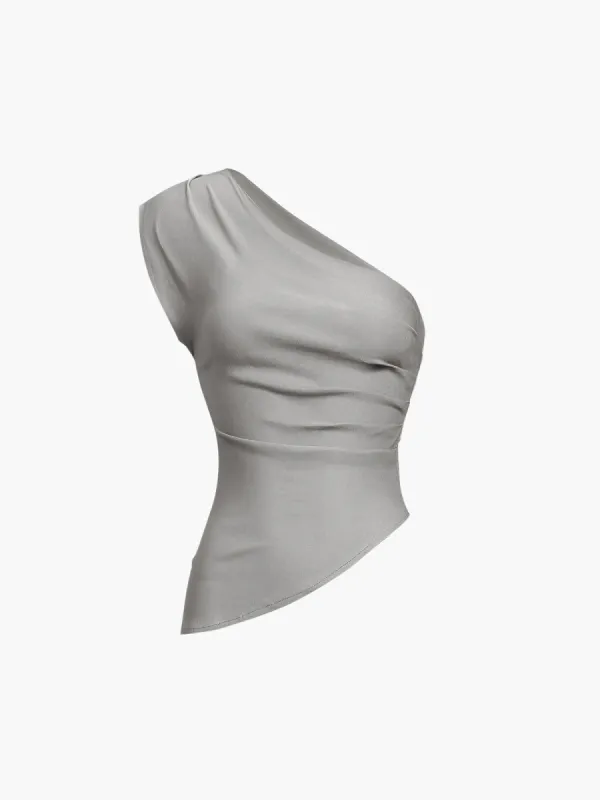 One Shoulder Ruched Oblique Hem Top sold by COMMENSE
