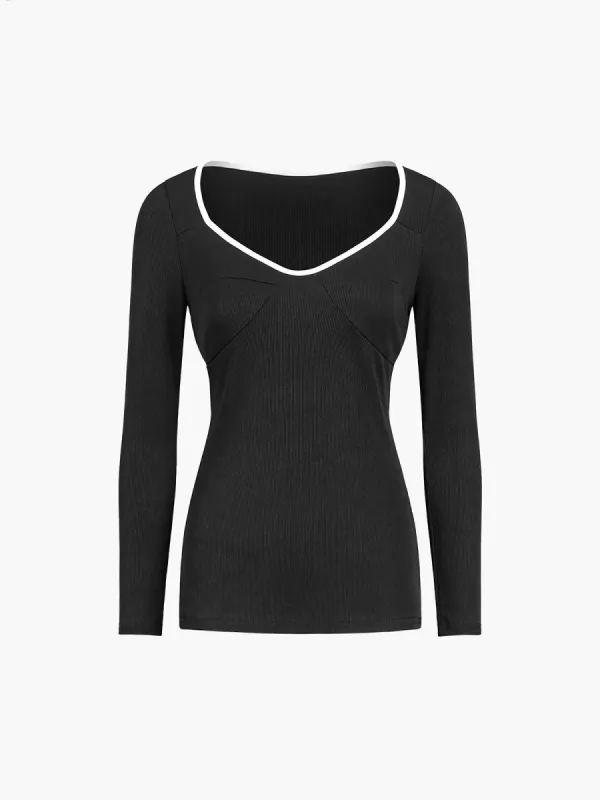 Contrast Trim Rib Long Sleeve Top sold by COMMENSE