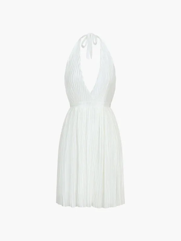 Ivory Glow Plisse Halter Zippered Open Back Short Dress sold by COMMENSE