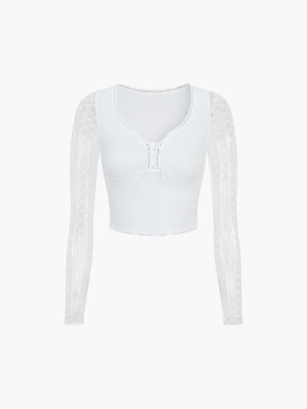 Floral Mesh Long Sleeve Tied Crop Blouse sold by COMMENSE
