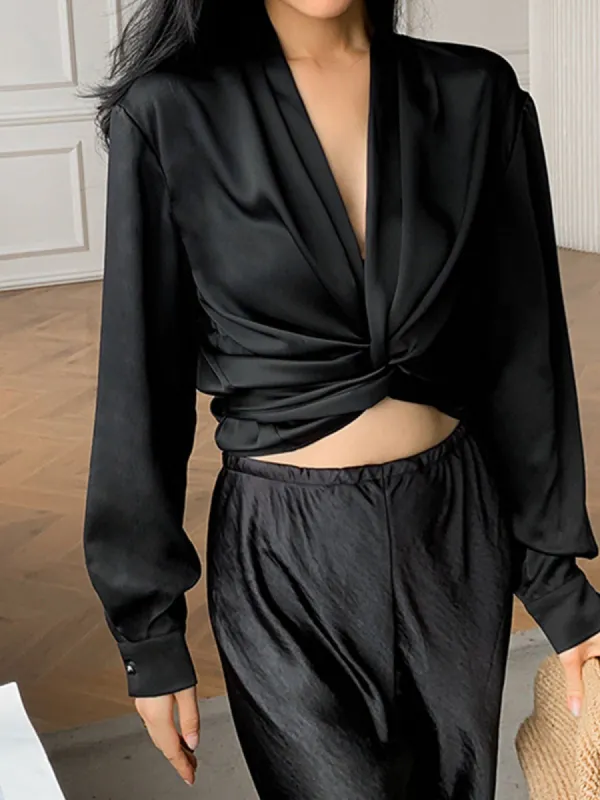 Satin Twisted Crop Shirt sold by COMMENSE