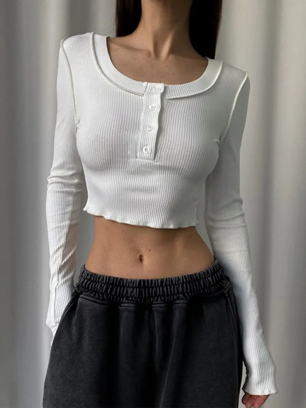 Rib Lettuce Hem Long Sleeve Shirt sold by COMMENSE