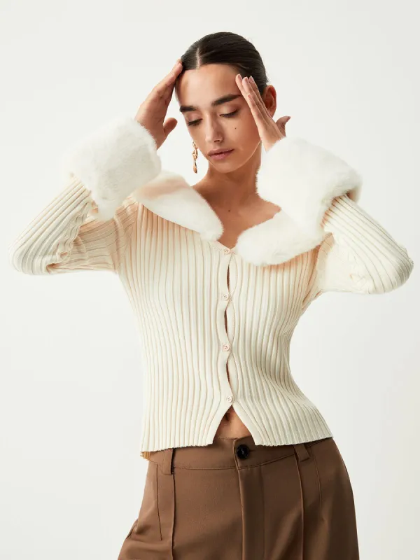 Fur Trim Button Down Knit Top sold by COMMENSE