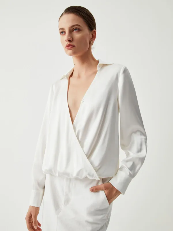 Satin Collared Long Sleeve Wrap Shirt sold by COMMENSE