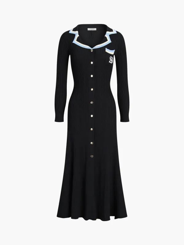 Contrast Trim Collared Long Sleeve Knit Dress sold by COMMENSE