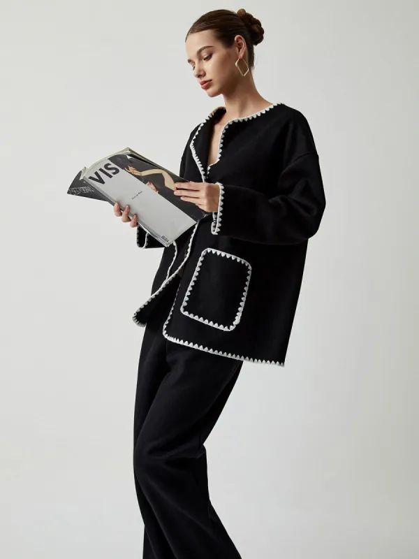 Embroidered Trim Double Pockets Coat With Matching Pants sold by COMMENSE