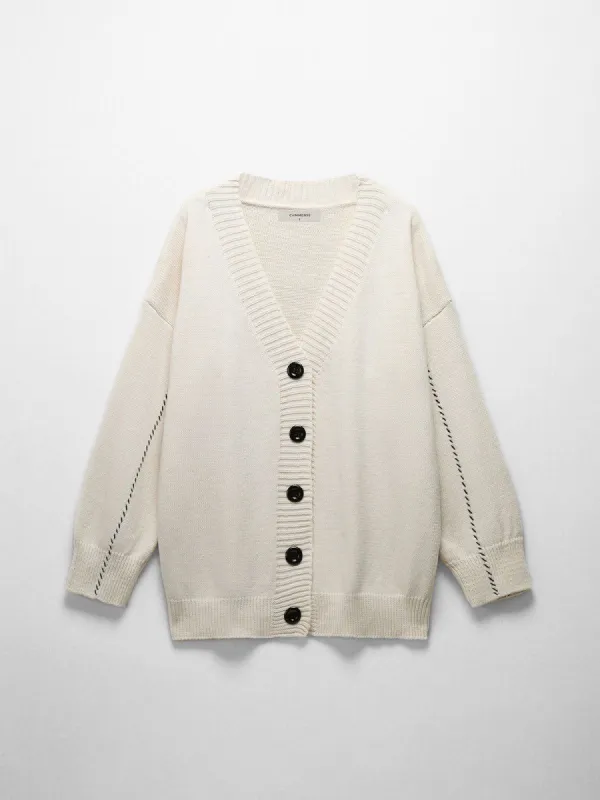Contrast Stitch Button Down Cardigan sold by COMMENSE