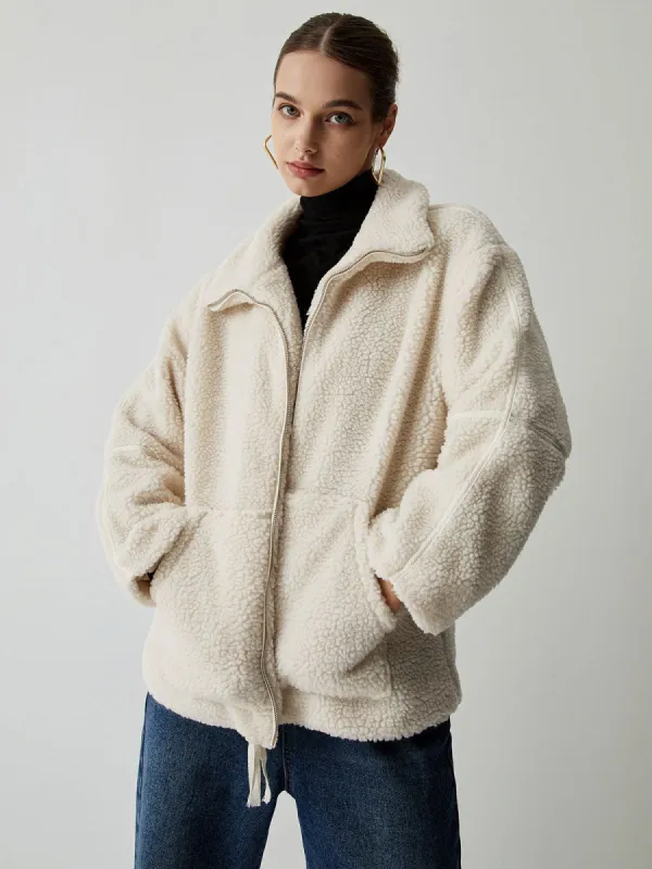 Double Pocket Open Collar Fleece Jacket sold by COMMENSE