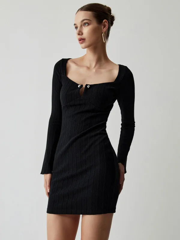 Keyhole Rib Square Neck Long Sleeve Short Dress made by COMMENSE