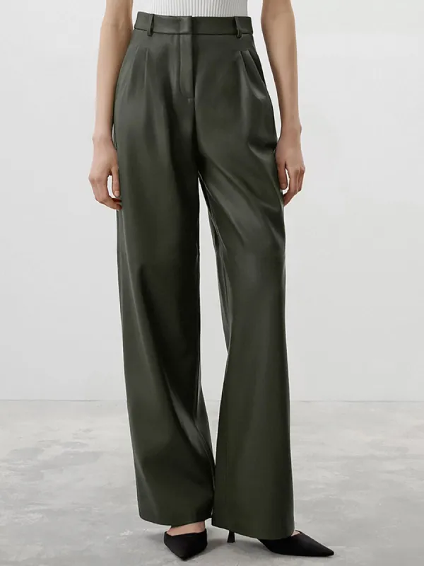 Double Pockets Faux Leather Wide Leg Dress Pants made by COMMENSE