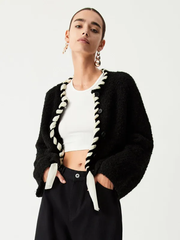Contrast Knotted Trim Cardigan sold by COMMENSE