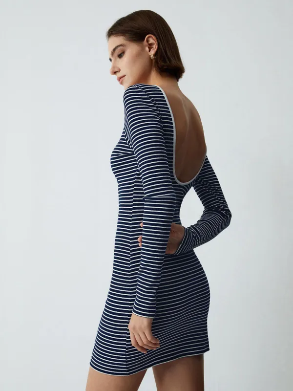Stripe Open Back Long Sleeve Short Dress sold by COMMENSE