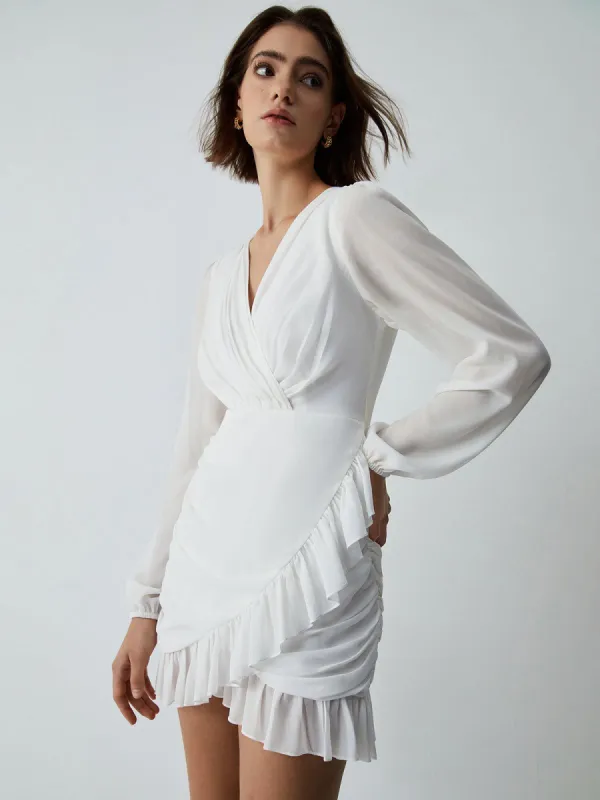 Ruffle Long Sleeve Short Wrap Dress sold by COMMENSE