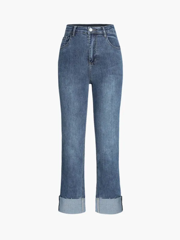 Raw Hem Denim Straight Leg Jeans sold by COMMENSE