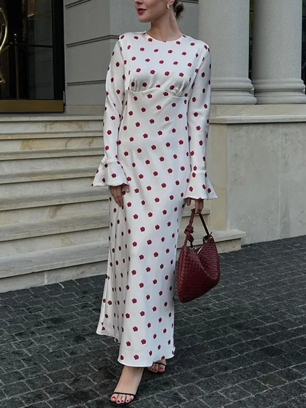 Satin Ruffled Cuff Floral Pattern Polka Dot Maxi Dress sold by COMMENSE