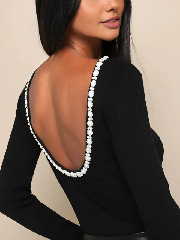 Pearl Decor Contrast Trim Open Back Ribbed Knit Top sold by COMMENSE