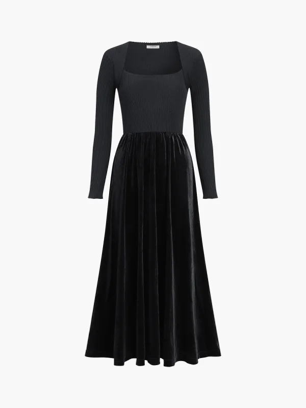Patchwork Velvet Knit Long Sleeve Long Dress made by COMMENSE
