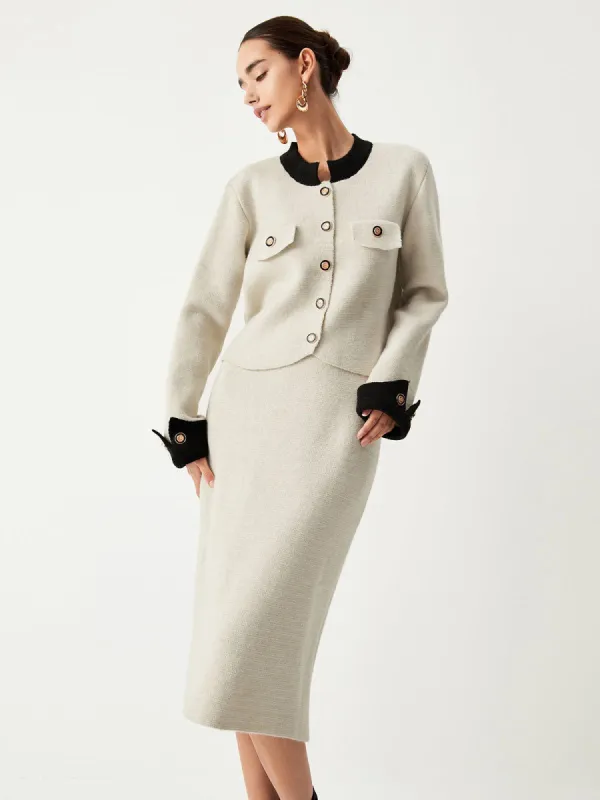 Vintage Contrast Trim Cardigan With Matching Midi Skirt sold by COMMENSE