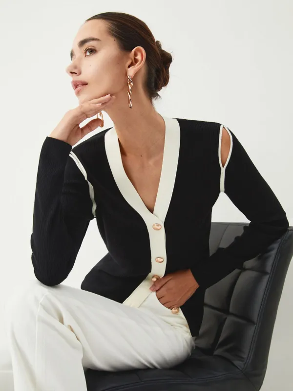 Color Block Collar Cutout Cardigan made by COMMENSE