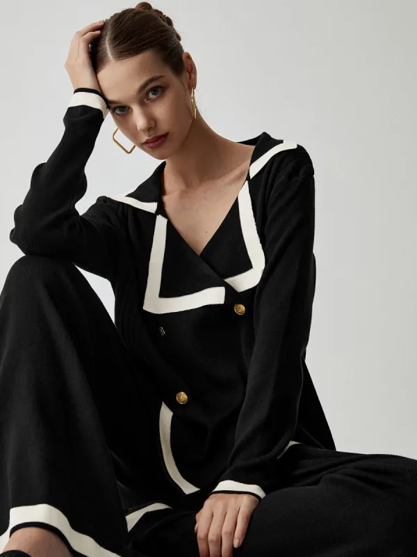 Contrast Trim Double Breasted Cardigan With Matching Pants sold by COMMENSE