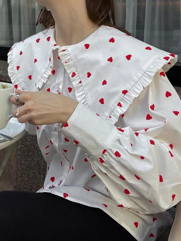 Ruffled Trim Collar Heart Polka Dot Button Shirt sold by COMMENSE