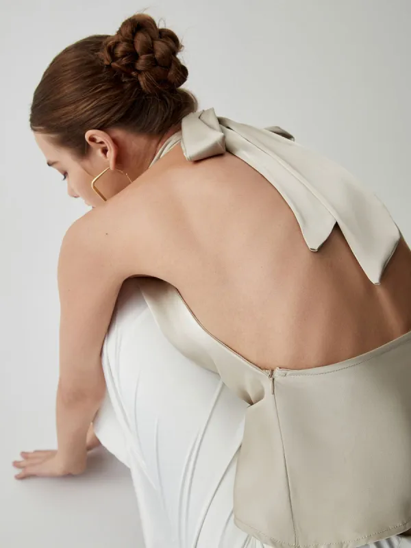Cowl Neck Halter Open Back Satin Top sold by COMMENSE