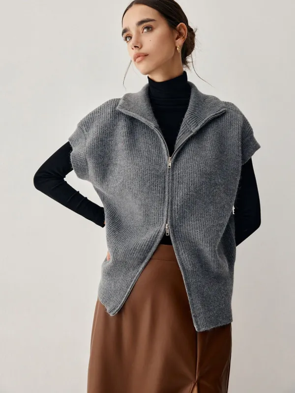 Open Collar Double Zip Curved Cardigan sold by COMMENSE