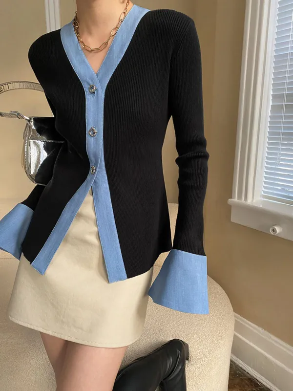 Baby Blue Trim Long Sleeve Knit Top sold by COMMENSE