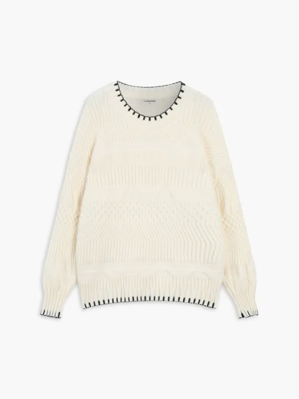 Embroidered Trim Cable Knit Sweater sold by COMMENSE