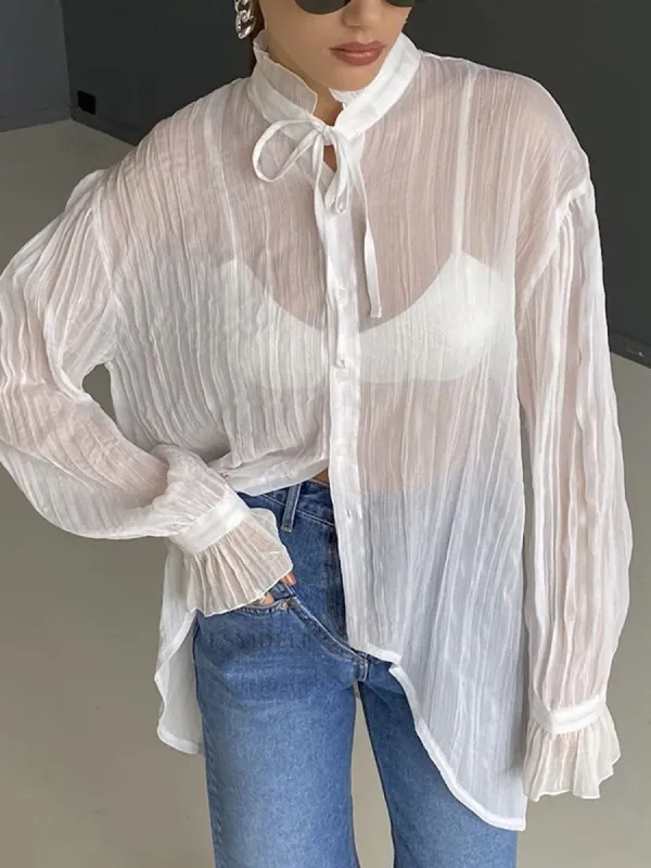 Semi-sheer Ruffled Trim Button Pleated Shirt sold by COMMENSE