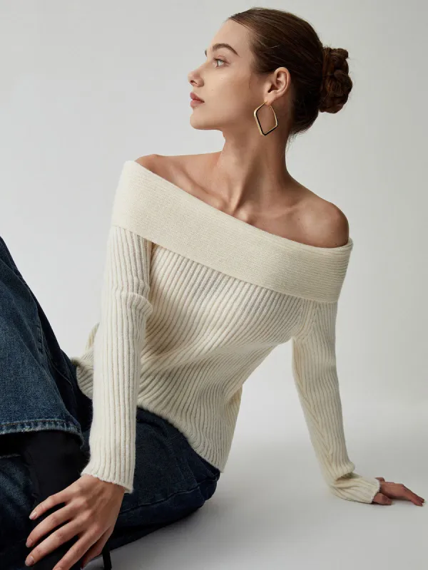 Cream Off Shoulder Overfold Long Sleeve Knit Top sold by COMMENSE