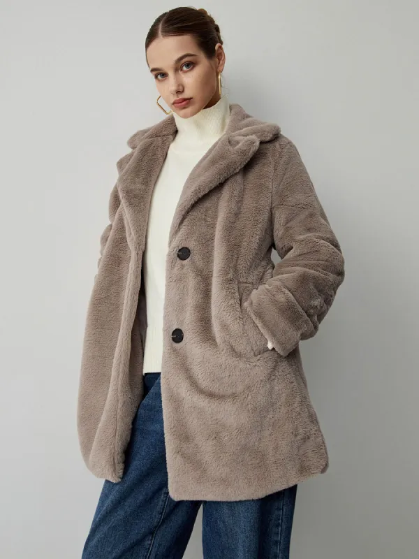 Faux Fur Open Collar Double Pockets Coat sold by COMMENSE