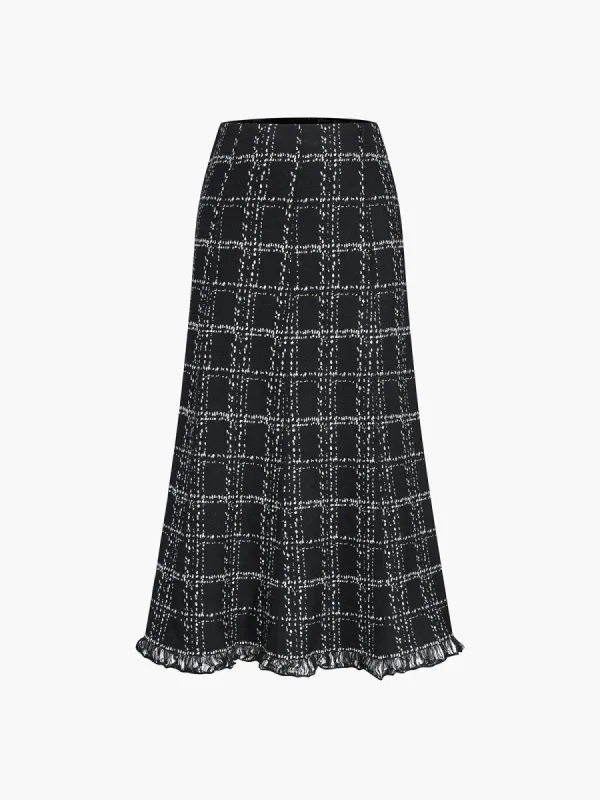 Tweed Check Raw Hem Midi Knit Skirt sold by COMMENSE