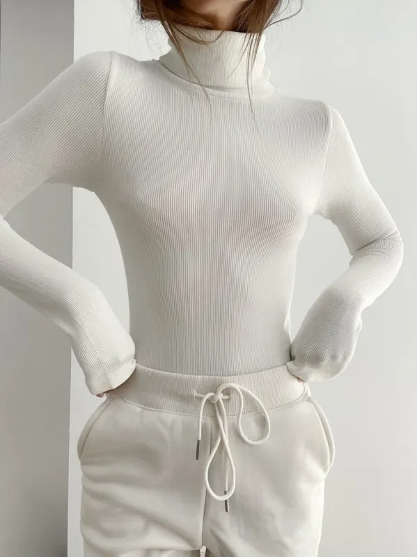 Solid Rib Mock Neck Long Sleeve Shirt made by COMMENSE