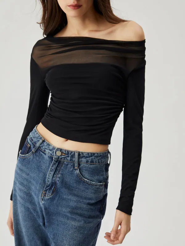 Semi-sheer Mesh Patchwork Ruched Crop Top sold by COMMENSE