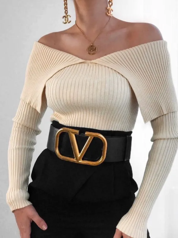 Triggered Off Shoulder Long Sleeve Knit Top sold by COMMENSE