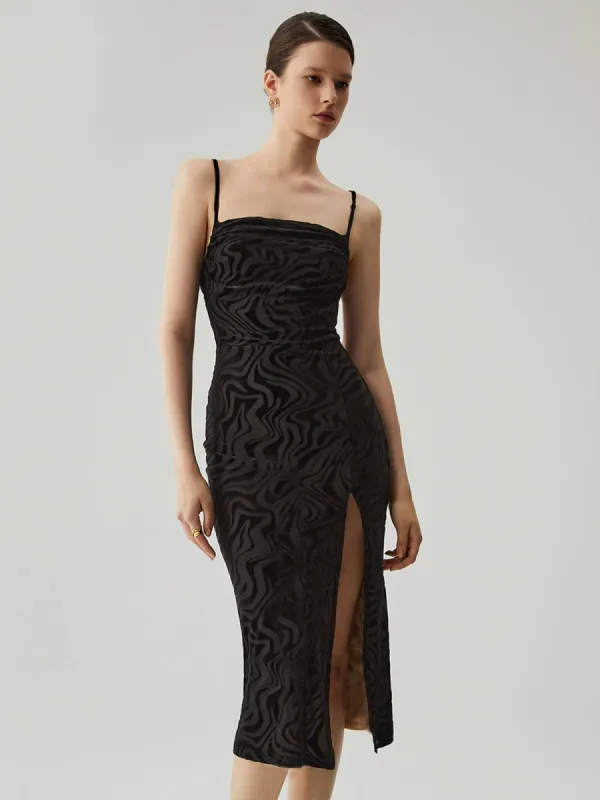 Wavy Jacquard Draped Split Cami Knit Midi Dress sold by COMMENSE