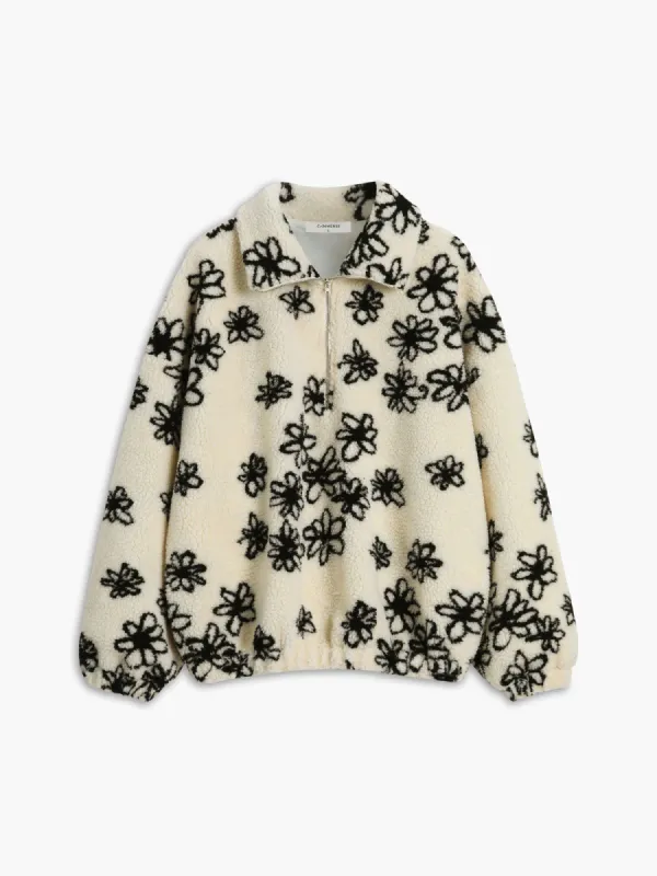 Floral Print Zip Collar Sherpa Sweater sold by COMMENSE