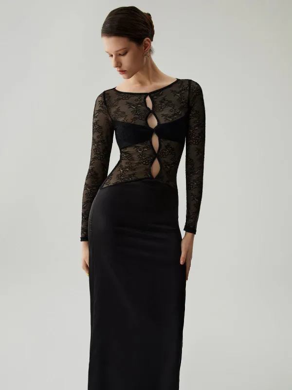 Satin Floral Lace Patchwork Semi-sheer Cut Out Midi Dress sold by COMMENSE
