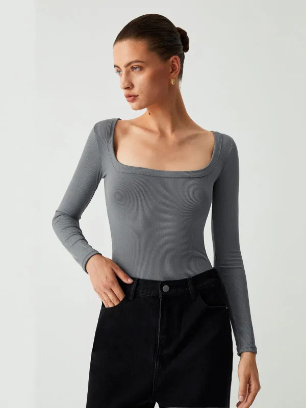 Rib Square Neck Long Sleeve Bodysuit sold by COMMENSE
